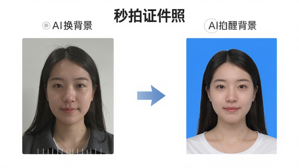画面展示“秒拍证件照”软件的AI换背景功能,左侧为一张原始生活照,右侧为处理后的蓝色背景证件照,中间用箭头连接,突出对比效果。背景为纯白色,简洁明亮。整体布局左右对称,风格为功能演示图,细节上体现人物边缘光滑、背景色均匀,画质高清,干净无多余元素。
