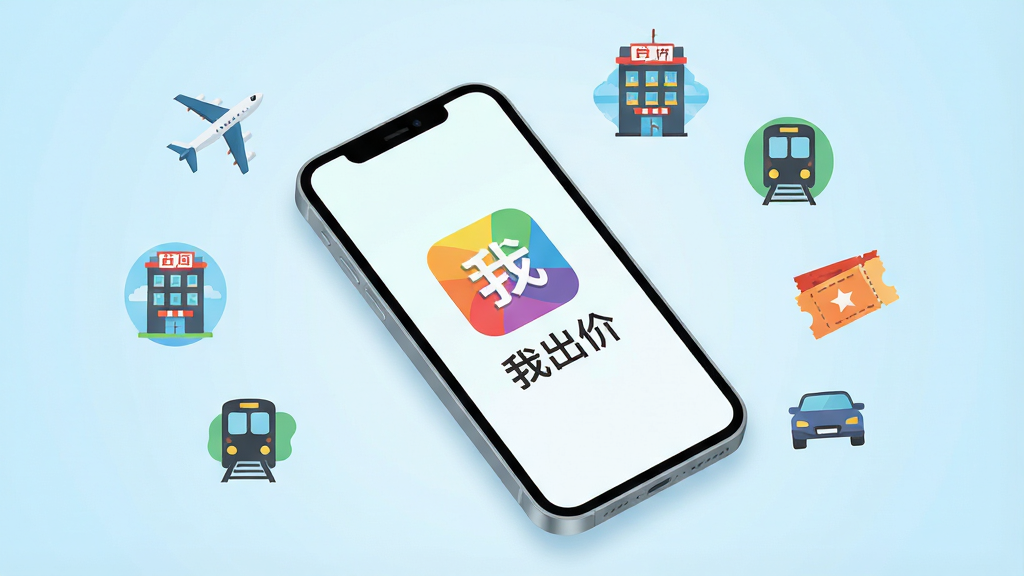 画面主体为一部亮屏的智能手机,屏幕正中央显示“我出价”APP的彩色图标与名称字样,手机斜放在简约的浅蓝色渐变背景上。手机周围悬浮着飞机、酒店、火车、门票、汽车等扁平化小图标,呈环形布局围绕手机。整体排版干净清爽,采用扁平化插画风格,色彩明快,细节丰富,画质高清,干净无多余元素。