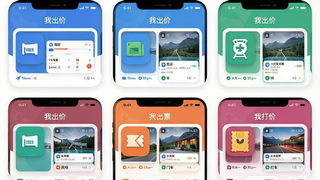 画面主体为“我出价”APP的手机界面截图拼贴,界面中分别展示机票、酒店、民宿、火车票、门票、打车六个功能模块的图标与预览卡片,整齐排列在纯白色背景上。六个卡片采用圆角矩形设计,色彩各异但整体和谐。布局规整,风格简洁明快,细节精致,画质高清,干净无多余元素。