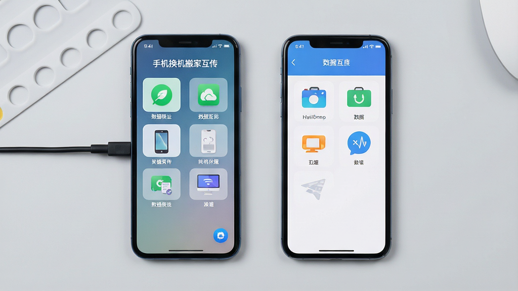 一张智能手机连接另一台智能手机的俯视图,屏幕上显示“手机换机搬家互传”软件界面,界面有数据分类图标,背景是干净的浅灰色工作台,布局居中,排版清晰,现代扁平化风格,细节丰富,高清画质,干净无多余元素