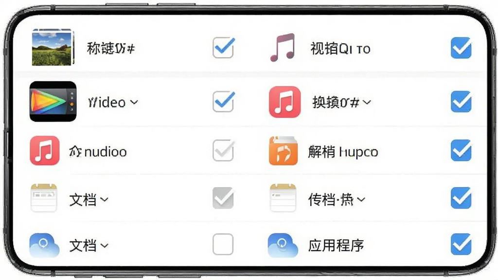 手机换机搬家互传APP的传输选项设置界面截图,界面上有图片、视频、音频、文档、应用程序等多个勾选框,部分勾选状态,界面风格简洁,白色背景,排版整齐,强调勾选的动作,高清画质,干净无多余元素