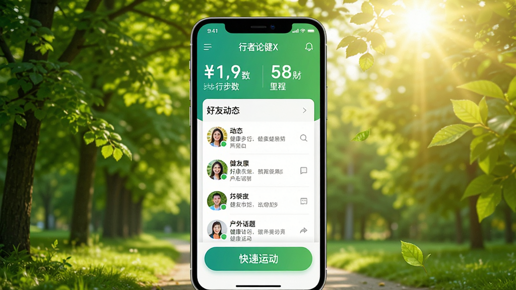 行者论健X主界面预览图,展示健康社交与户外运动结合的应用界面,主体为手机屏幕中的APP首页,布局清晰,上方显示步行步数与里程,中部为好友动态与健康话题讨论区,下方为快捷运动启动按钮,整体风格清新自然,色彩明快,配以户外绿荫与阳光元素,画质高清,干净无多余元素