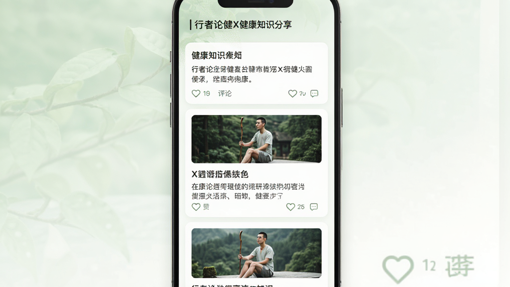 行者论健X健康知识分享界面,主体为图文并茂的文章卡片流,布局为瀑布流样式,每张卡片包含标题、摘要与配图,风格清新文艺,配以淡绿色与白色背景,细节包括点赞与评论图标,画质高清,干净无多余元素