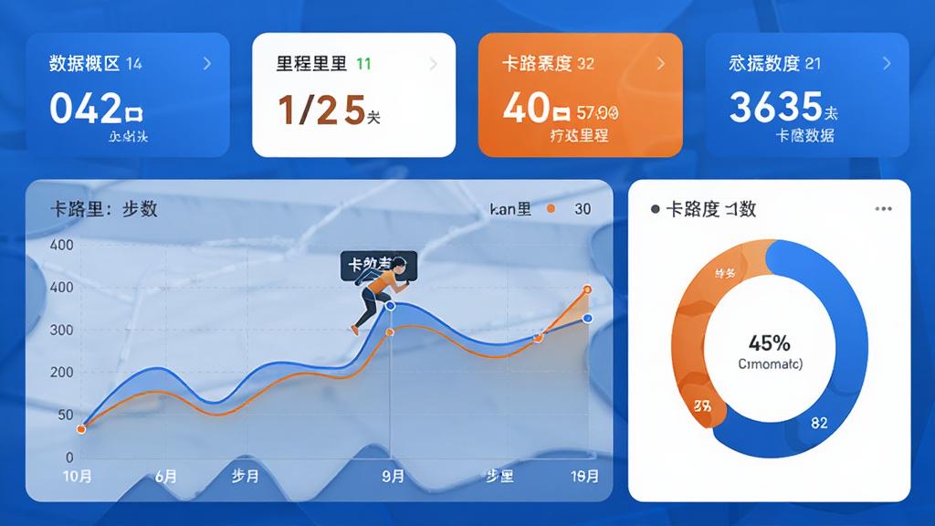 行者论健X运动数据统计界面,主体为折线图与环形图,布局为上方数据概览卡片,下方详细图表区域,风格专业现代,以蓝色与橙色为主色调,细节显示步数、里程、卡路里等数值,画质清晰,干净无多余元素