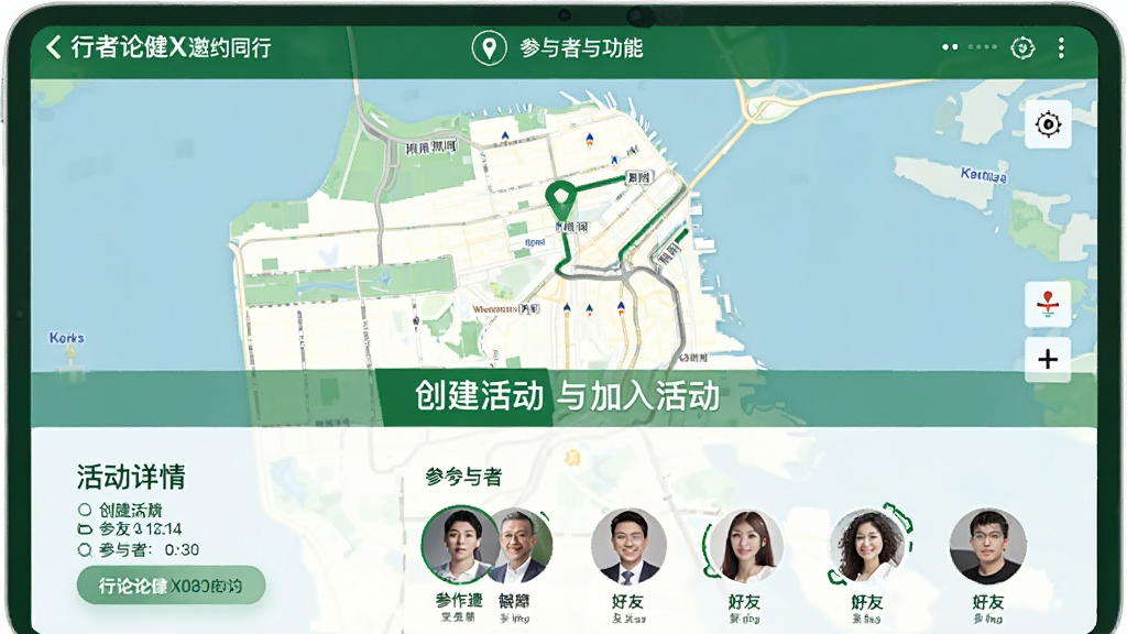 行者论健X邀约同行功能界面,展示创建活动与加入活动的操作页面,主体为地图路线与参与者头像列表,布局上下结构,上方为地图导航,下方为活动详情与好友列表,风格简洁实用,配以绿色系色调,细节丰富,画质清晰,干净无多余元素