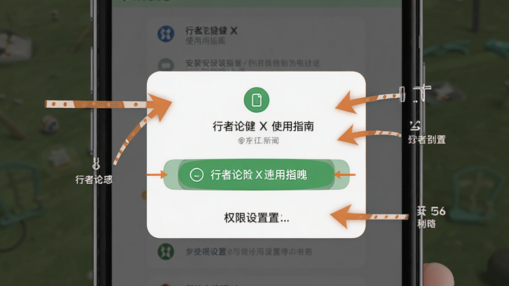 行者论健X使用指南插图,展示手机安装步骤与权限设置,主体为手机屏幕上的权限弹窗,布局为居中特写,风格简明直观,以箭头标注关键选项,细节清晰,画质干净,无多余元素
