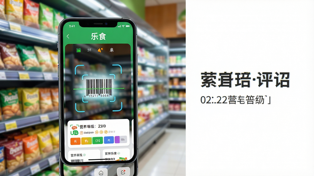 主体:一部智能手机屏幕显示乐食APP扫描食品条码的界面,屏幕上有“乐食”字样和营养等级评估结果,背景是超市食品货架。布局:手机位于画面中央偏左,右侧留白可放置文字。排版:简洁清晰,突出APP界面。风格:现代科技感,色彩明亮。细节:手机屏幕中显示扫描动画和食品信息卡片。画质:高清,干净,无多余元素。