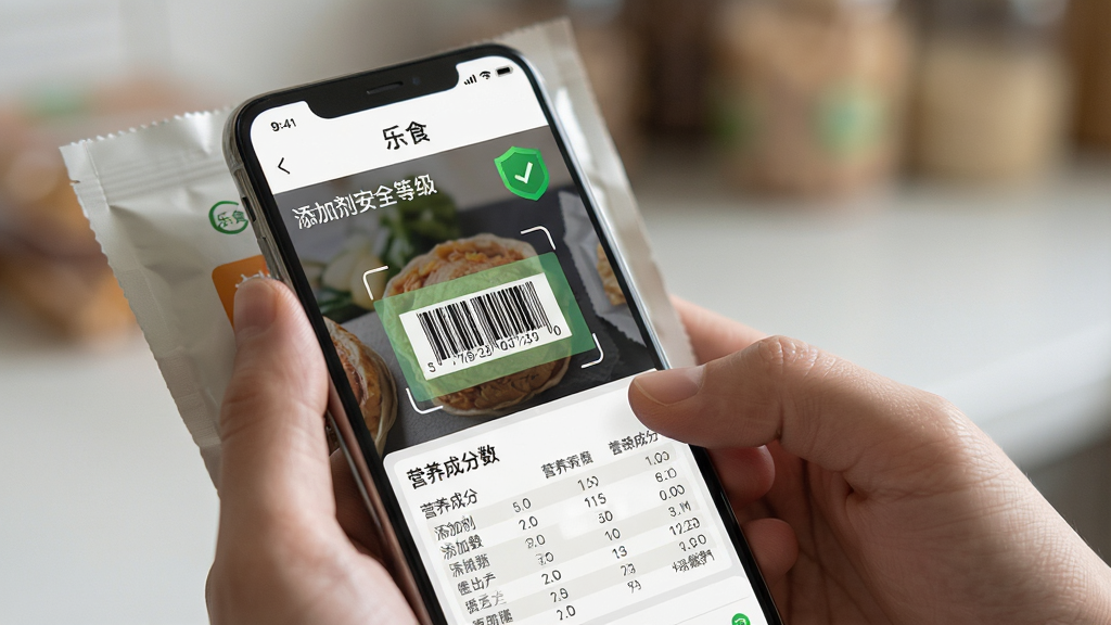 主体:一只手持智能手机扫描食品包装条码的特写,手机屏幕显示“乐食”APP的扫描结果页面,包含添加剂安全等级和营养成分数据。布局:手机和食品包装占据画面主体,背景虚化。排版:突出手机屏幕内容。风格:写实清晰,柔和光线。细节:屏幕上有绿色安全标识和详细的营养数据列表。画质:高清,干净,无多余元素。