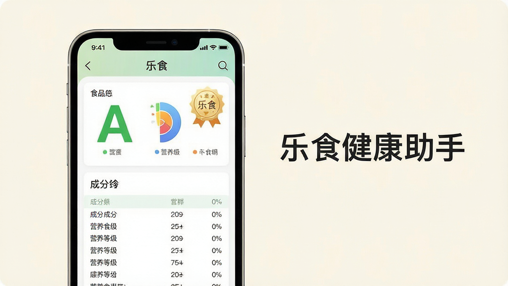 主体:一部手机显示乐食APP的食品详情页面,包含营养等级“A”和详细成分列表,旁边有文字“乐食健康助手”。布局:手机居中,背景为浅色。排版:清晰展示APP界面内容。风格:简洁现代。细节:屏幕上有彩色营养图表和等级徽章。画质:高清,干净,无多余元素。