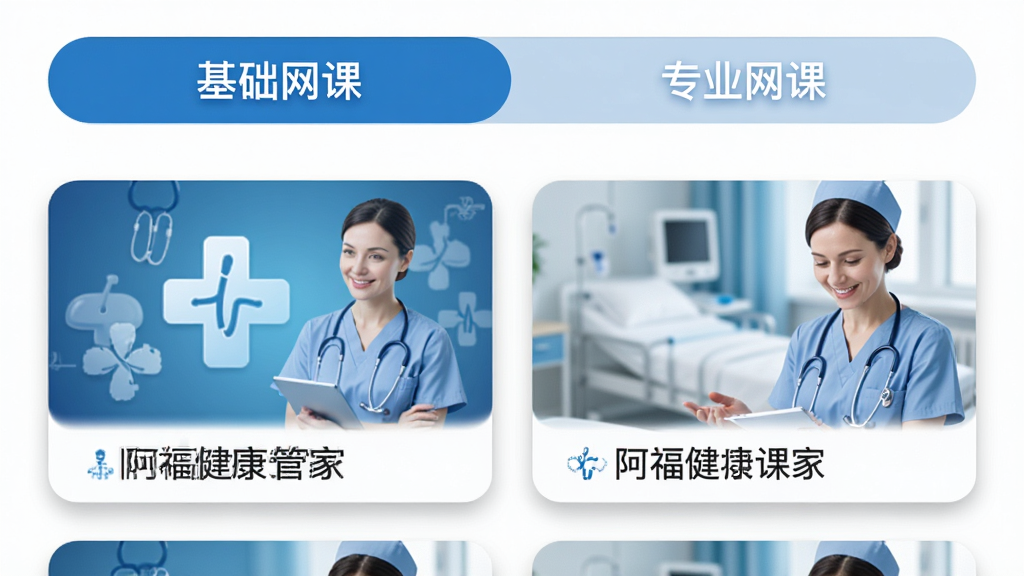 ����Ϊ�����������ܼҡ�APP�Ŀγ��б�ҳ���ͼ��ҳ�涥���С��������Ρ��͡�רҵ���Ρ����л���ǩ���·����б���ʽչʾ�γ̷���ͱ��⣬����ͼ����ҽѧ���źͻ�����Ա���󡣲���Ϊ���½ṹ���Ű����룬�����������ɫ��ɫ������ɫ������ϸ���ϣ�ÿ���γ̿�Ƭ����Բ����Ӱ�����ʸ��壬�ɾ����޶���Ԫ�ء�