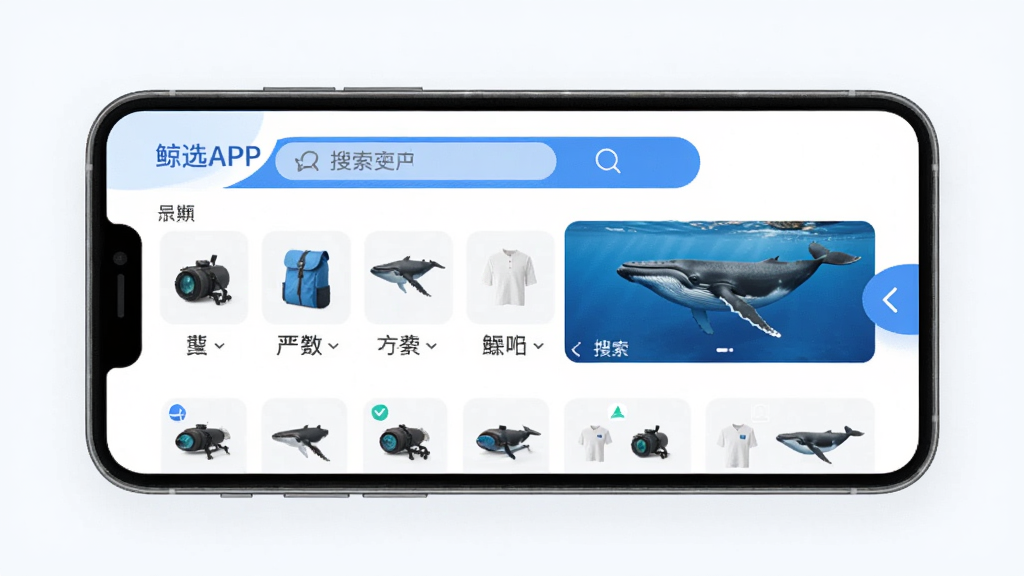 鲸选APP主界面展示,手机屏幕内显示商品分类、搜索栏、轮播图,整体风格清新简约,主色调为蓝白,布局整齐,细节清晰,画质干净,无多余元素