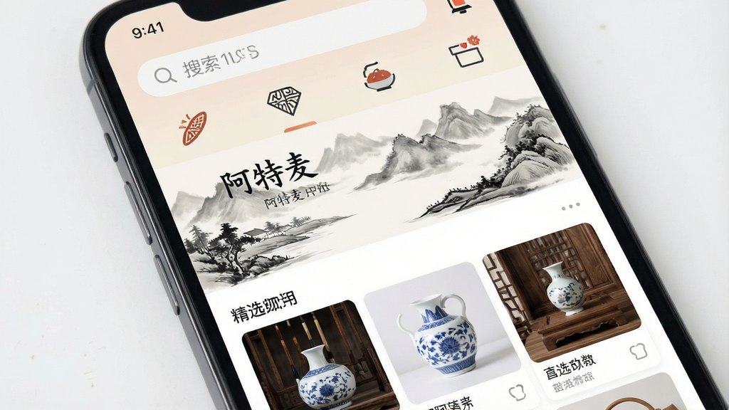 一张高品质的现代智能手机屏幕实拍图,屏幕中清晰展示“阿特麦”APP的首页界面,界面设计精美,融合了水墨山水、陶瓷、木作等中国传统文化元素与现代扁平化UI风格,色彩淡雅和谐,顶部有搜索栏和金刚区图标导航,下方是精选商品瀑布流,整体氛围兼具艺术感与生活气息,画质细腻,干净无多余元素