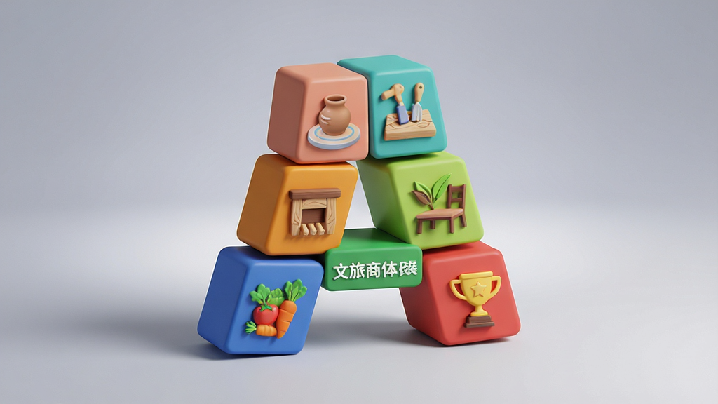 一张“阿特麦”APP功能板块概览的3D概念图,画面中央是一个由多个彩色立体方块组成的“A”字型标志,每个方块上分别绘有陶艺、木作、茶叶、家具、蔬菜、奖杯等不同图标,代表文旅商体展农六大板块,整体构图稳定,背景为柔和的渐变灰色,光影效果逼真,画质干净,无多余元素
