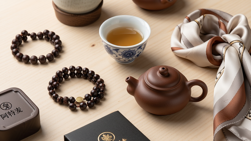 一张“阿特麦”APP商城内商品的平铺摄影图,画面中陈列着小叶紫檀手串、青花瓷茶杯、手工紫砂壶、真丝围巾等高品质文创商品,商品摆放错落有致,光影柔和,背景为浅色原木纹理,突出商品的质感与细节,构图饱满,风格简约高级,画质细腻,无多余元素