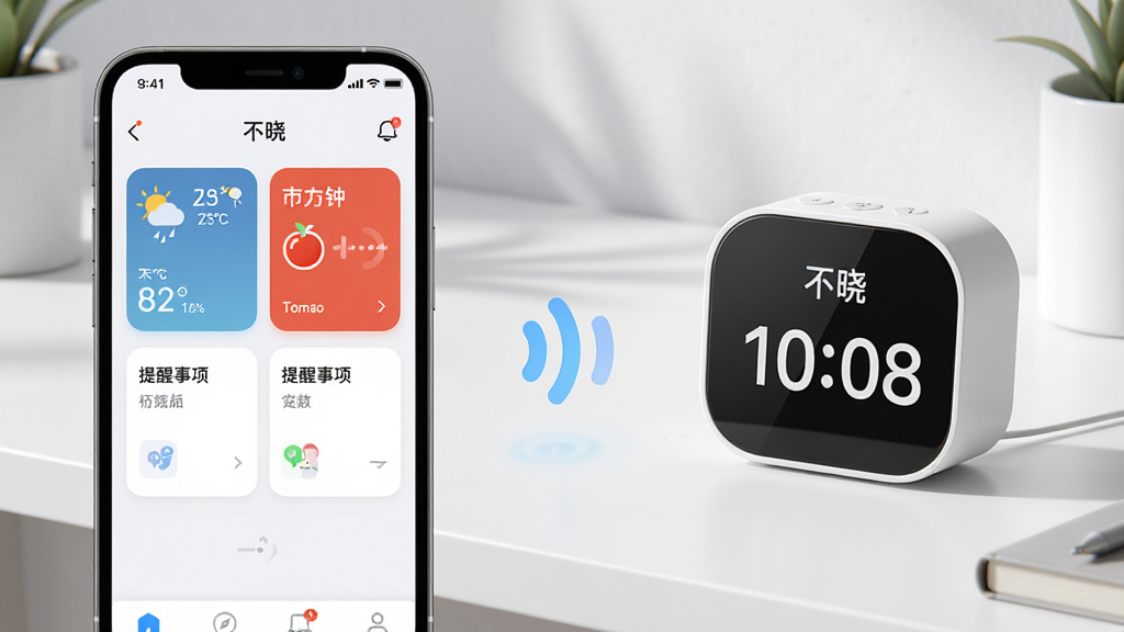 主体:一款名为“不晓”的智能时钟管理APP界面,与桌面上的不晓鼠智能时钟硬件相呼应。布局:左侧为手机APP操作界面,右侧为实体桌面时钟,二者通过无线信号图标连接。排版:手机屏幕中清晰展示天气、番茄钟、提醒事项等模块卡片,时钟屏幕同步显示对应内容。风格:现代科技感,界面干净明亮,色彩清新。细节:时钟屏幕显示“不晓”字样及当前时间,周围环境为简约书桌。画质:高清渲染,干净,无多余元素。