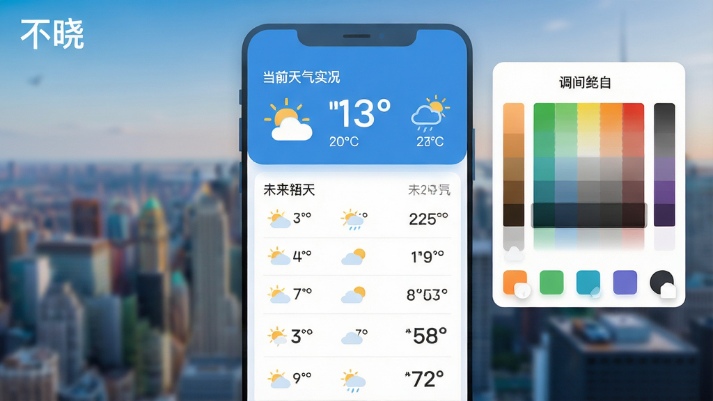 主体:“不晓”APP的天气预报功能界面。布局:界面顶部为当前天气实况,下方为未来七天天气预报列表,右侧为时间颜色自定义调色板。排版:信息层级分明,温度数字大而醒目,天气图标简洁美观。风格:清新简约的扁平化设计,蓝白主色调。细节:屏幕左上角显示“不晓”字样,背景为模糊的城市风景图。画质:细腻,干净,无多余元素。