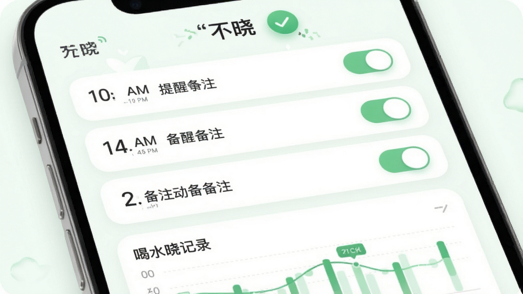 主体:“不晓”APP的提醒事项管理界面。布局:上方为提醒事项列表,每个事项右侧带有开关按钮,下方为喝水记录图表。排版:列表采用卡片式设计,时间与备注信息清晰可见。风格:清爽的浅色背景,圆角卡片,绿色健康元素点缀。细节:屏幕顶部显示“不晓”字样,并有一个完成对勾的动画。画质:柔和,干净,无多余元素。