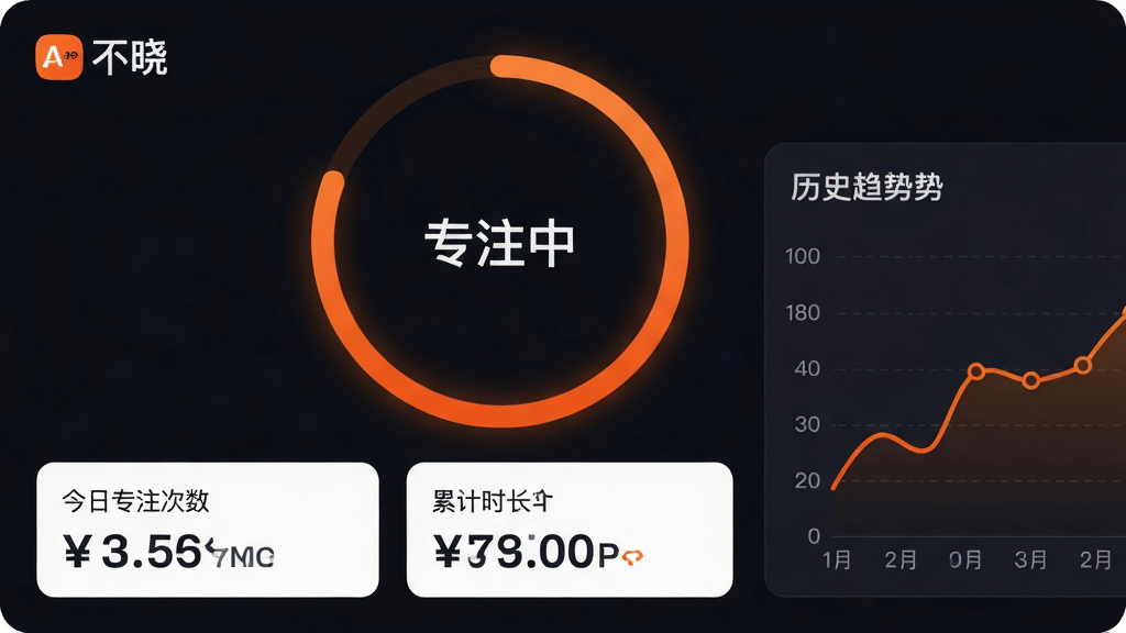 主体:“不晓”APP的番茄钟专注统计界面。布局:中央为一个巨大的计时圆环,下方为今日专注次数与累计时长数据卡片,右侧为历史趋势折线图。排版:数据可视化直观,圆环进度条清晰展示当前专注状态。风格:商务极简风格,深色背景搭配橙色高亮。细节:圆环中心显示“专注中”字样,左上角有“不晓”品牌标识。画质:高清,干净,无多余元素。