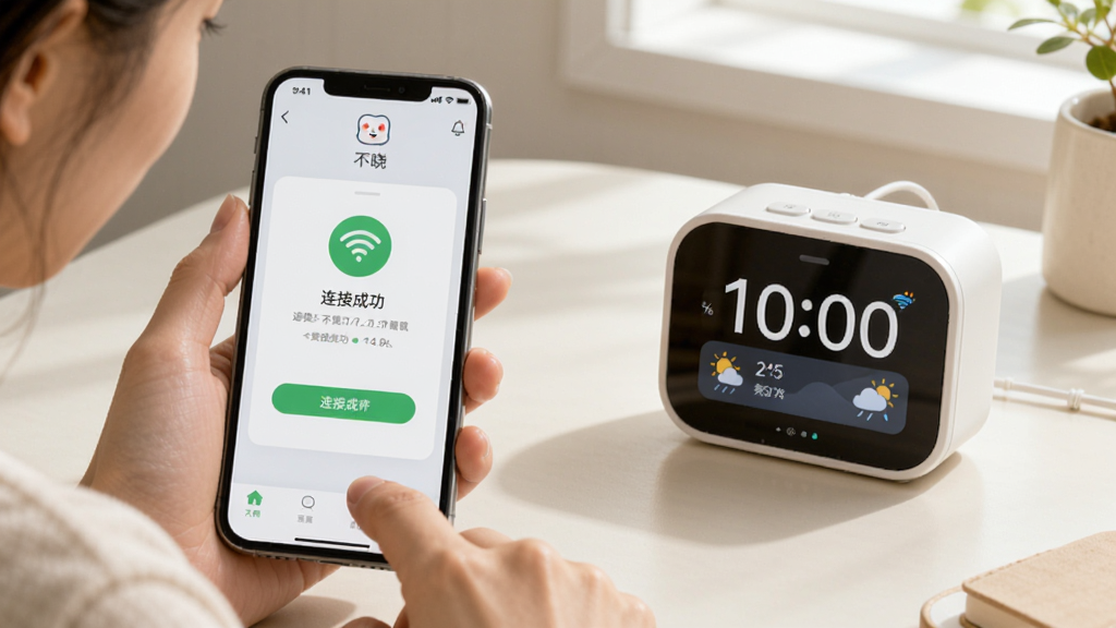 主体:用户正在使用“不晓”APP对不晓鼠智能时钟进行设置。布局:手机屏幕显示连接成功界面,时钟屏幕亮起显示时间与天气信息。排版:手机位于画面左侧,时钟位于右侧,背景为简洁的桌面。风格:温馨生活化场景,自然光照明。细节:手机屏幕上有“不晓”字样和WiFi图标,时钟显示当前时间。画质:清晰,干净,无多余元素。