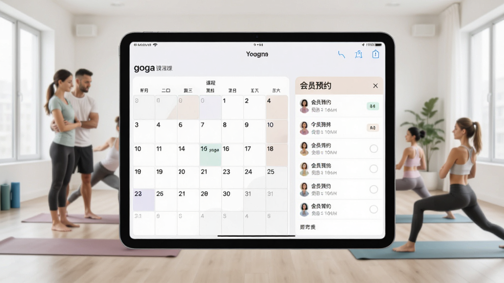 一张展示goga管家在平板电脑上运行的界面截图,画面中央是清晰的瑜伽馆课程日历与会员预约列表,背景是明亮整洁的瑜伽教室,有教练正在指导学员做瑜伽动作,整体风格简约现代,色彩柔和,突出软件界面与场馆环境的融合,画质高清干净,无多余元素