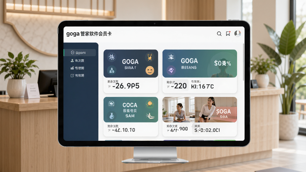 goga管家软件会员卡管理界面预览,展示不同类型的会员卡卡片样式,包含剩余次数和有效期信息,背景是瑜伽馆的接待台和绿植,画面简洁明亮,突出数字化管理的高效与美观,画质干净,无多余元素