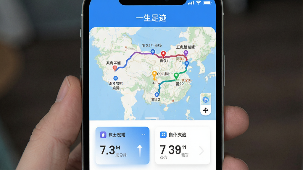 一张展示一生足迹App主界面的手机截图,界面中央显示一幅彩色轨迹地图,地图上分布着多个日期标记点,下方有数据统计卡片,整体风格简洁现代,以蓝白为主色调,画质清晰,干净无多余元素,突出“一生足迹”软件名称