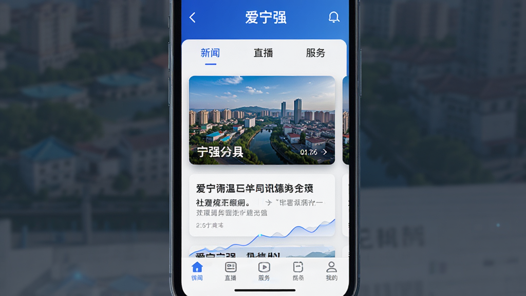 一张智能手机屏幕展示“爱宁强”APP主界面,界面设计现代简洁,顶部有“新闻”、“直播”、“服务”等栏目标签,中间展示宁强县城市风景与新闻资讯卡片,底部导航栏清晰,整体色调以蓝白为主,科技感十足,高清画质,干净无多余元素。