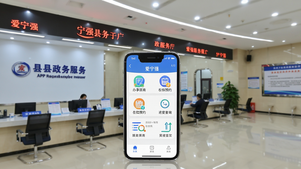 展示“爱宁强”APP政务服务板块,界面清晰列出“办事指南”、“在线预约”、“进度查询”等图标,背景为宁强县政务服务大厅的实景照片,风格正式可靠,画面干净整洁,突出APP便捷高效的特点。