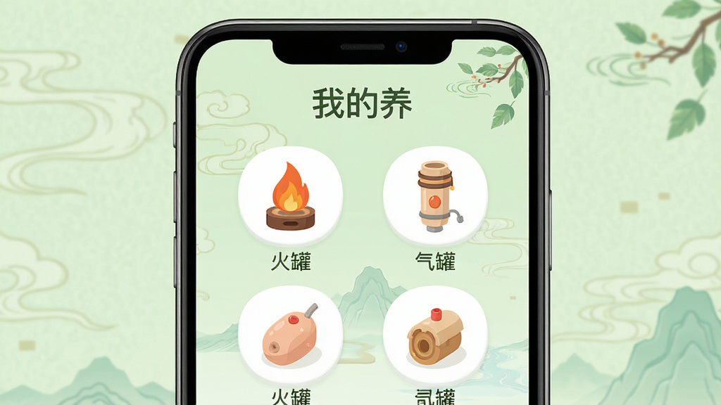 主体:《我的养》应用主界面,手机屏幕展示拔罐养生知识列表,背景为淡绿色中医风格,布局:中心构图,上方为应用名称“我的养”,下方排列多个拔罐方法图标,排版:清晰有序,图标圆润,风格:扁平化插画风,细节:每个图标旁标注“火罐”“气罐”等字样,画质:高清,干净,无多余元素