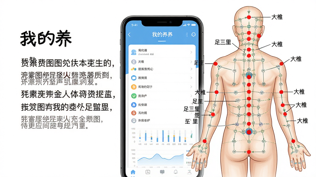 主体:人体穴位图与“我的养”应用界面叠加展示,穴位点用红点标记,布局:右侧为穴位图,左侧为文字说明,排版:图文结合,风格:医学插画风,细节:标注“足三里”“大椎”等穴名,背景为白色,画质:高清,干净,无多余元素