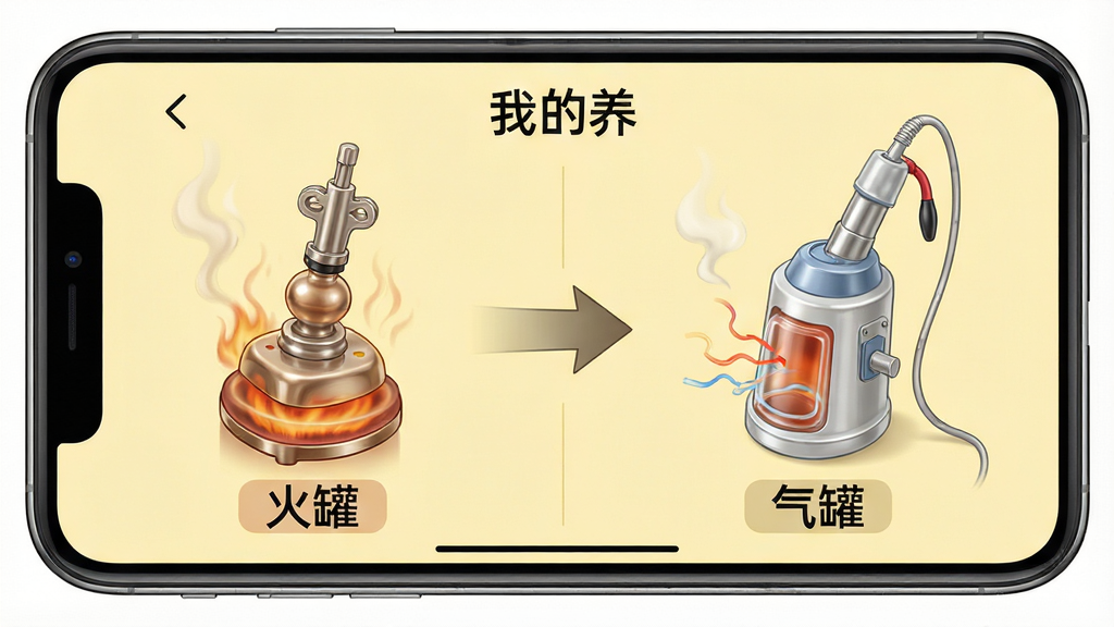 主体:手机屏幕显示“我的养”应用中的拔罐方法对比图,左侧为火罐,右侧为气罐,布局:左右对称,中间用箭头连接,排版:清晰直观,风格:写实与插画结合,细节:标注“火罐”“气罐”名称,背景为浅黄色,画质:高清,干净,无多余元素