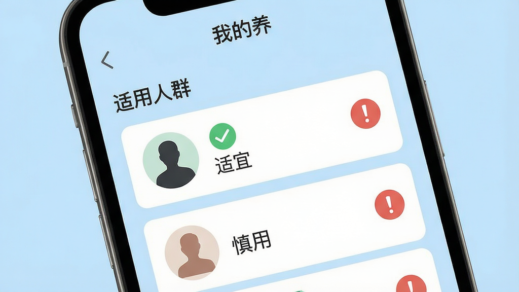 主体:手机界面展示“我的养”应用中的“适用人群”板块,图标人物剪影搭配对勾和感叹号,布局:列表式排列,排版:简洁明了,风格:现代扁平风,细节:人物图标旁有“适宜”“慎用”标识,背景为浅蓝色,画质:高清,干净,无多余元素