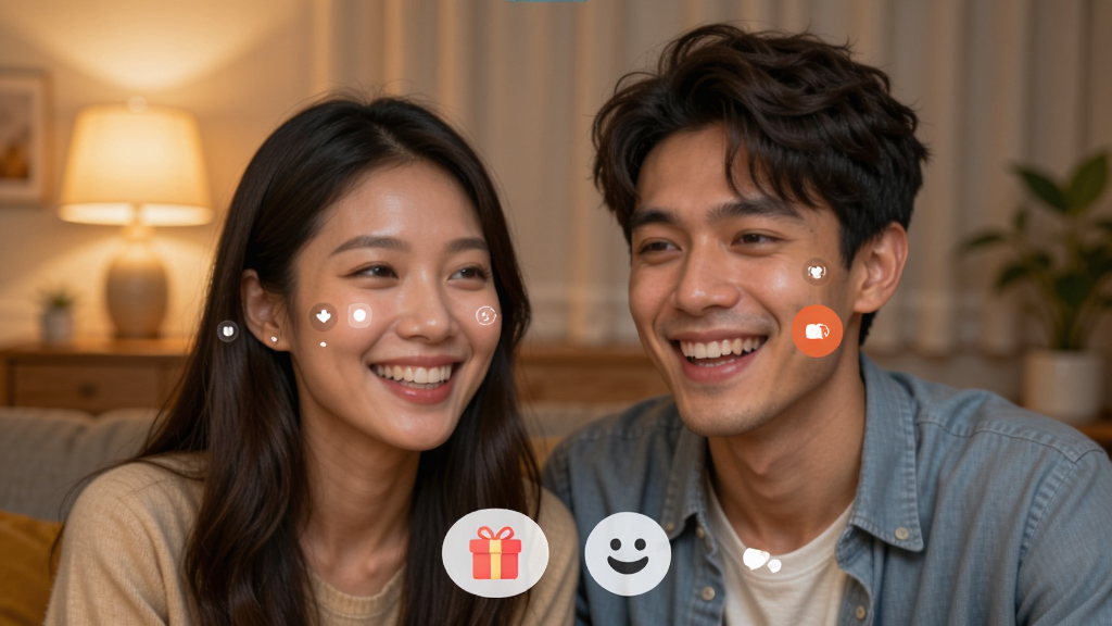火恋App视频通话界面,两位年轻男女在屏幕中开心聊天,画面清晰,有美颜效果,背景为暖色调的房间,界面底部有礼物和表情按钮,整体风格自然,画质高清,无多余元素