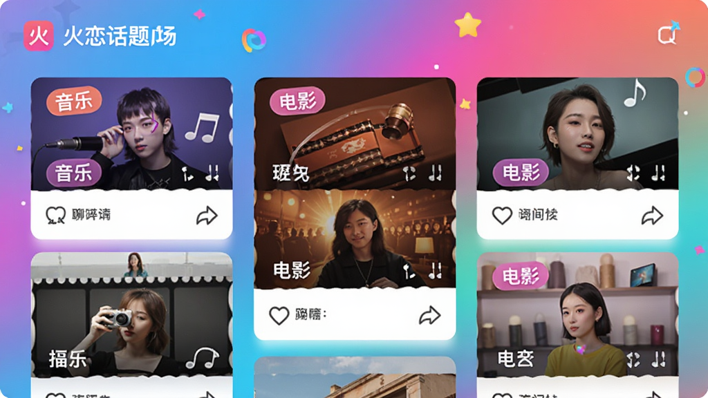 火恋App的话题广场页面,展示多个语音聊天室卡片,封面图有“音乐”、“电影”等标签,背景为多彩渐变,整体风格活泼,画质清晰,无多余元素