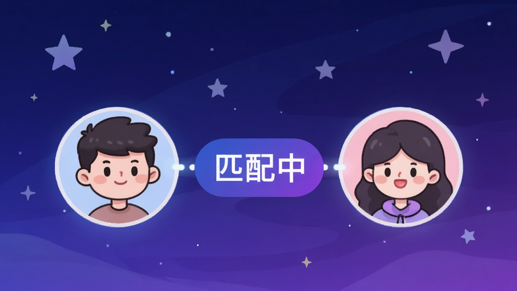 手机界面展示火恋App的智能匹配功能,两个卡通头像正在连接,中间有“匹配中”字样,背景为星空效果,整体色调以蓝色和紫色为主,画质清晰,无多余元素