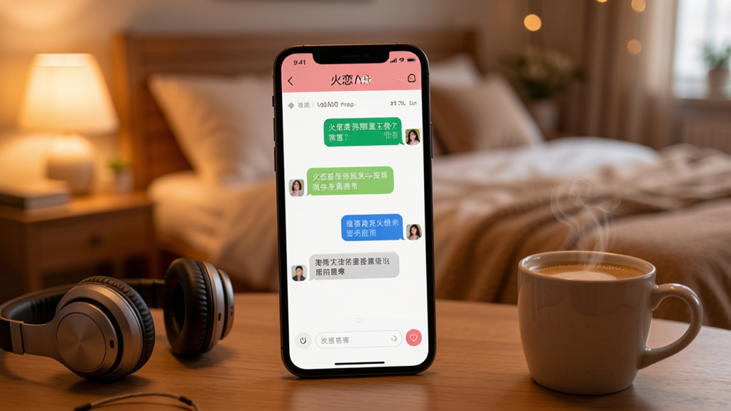 火恋App使用场景示意图,手机屏幕显示聊天界面,旁边有耳机和咖啡杯,背景为温馨的卧室,整体风格舒适,画质清晰,无多余元素