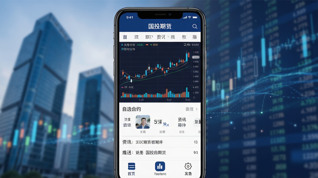 手机屏幕上展示国投期货APP界面,界面设计简洁现代,以深蓝色和白色为主色调,显示实时行情K线图、自选合约列表、资讯推送和功能菜单图标,背景为模糊的金融大厦和交易数据流动效果,整体布局清晰,排版专业,风格商务大气,细节丰富,画质高清干净,无多余元素,图片上显示文字“国投期货”