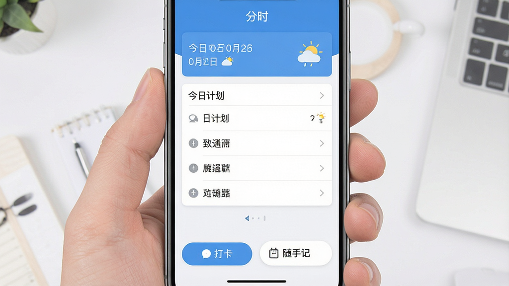一张展示分时软件主界面的手机截图,屏幕中央显示今日计划列表,上方有日期与天气信息,下方有打卡按钮和随手记入口,整体色调清新淡雅,界面布局简洁,以蓝白为主色,画质干净,无多余文字,突出软件名称