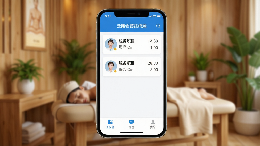 һ�������ֻ���Ļ��д����Ļ��������ʾ���ƿ���ݼ�ʦ�ˡ�APP���棬��ɫ��Ϊ��ɫ���ɫ�����沼���ִ���࣬�Ϸ�Ϊ�����б���ÿ�����Ƭ��ʾ�û�ͷ�񡢷�����Ŀ��ʱ�䣬�·�Ϊ�ײ�����������������̨����Ϣ���ҵ�������ǩ���ֻ�����Ϊ�黯��ůɫ�������Ʒ��䣬ľ��Ԫ������ֲ��׺������ɾ���������ҵ��Ʒ��Ⱦ���ϸ�ڷḻ���߻���
