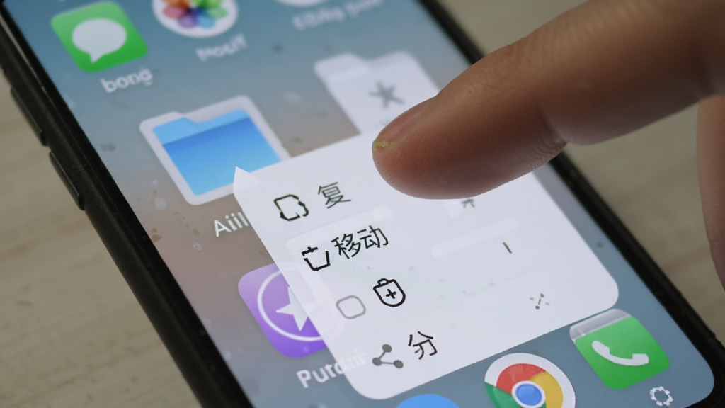 AI文件管理软件手机操作界面实拍图,画面展示用户手指正在长按文件弹出的操作菜单,菜单包含复制、移动、删除、分享等选项,背景为模糊的手机桌面,风格真实,画质清晰,干净无多余元素