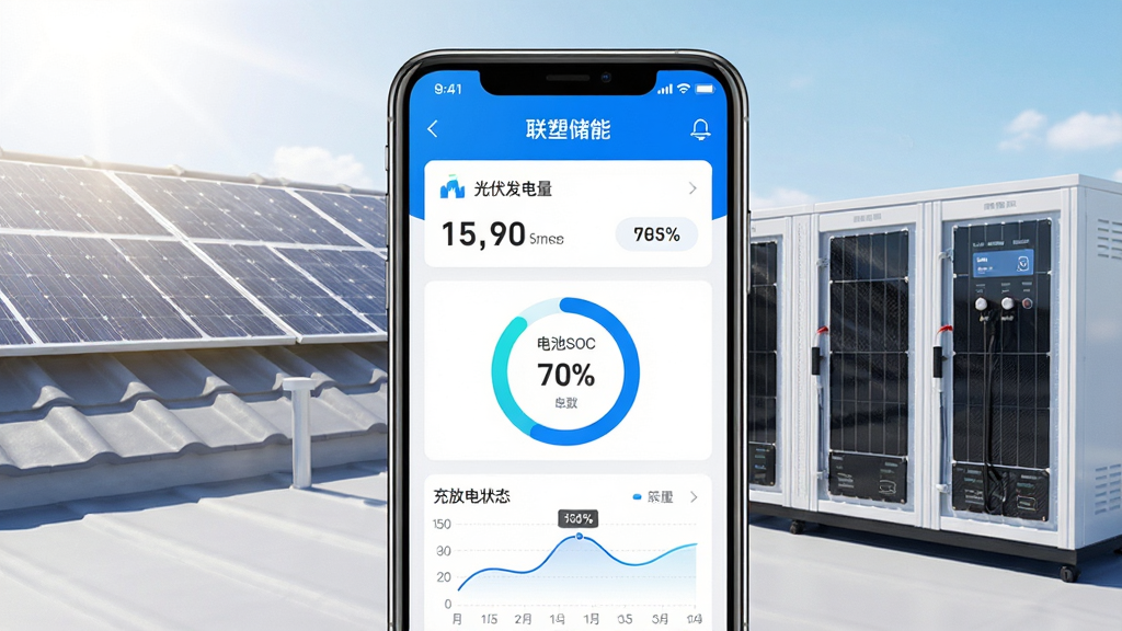 画面中央是一部智能手机,屏幕显示“联塑储能”APP主界面,上方为光伏发电量数据卡片,中间是电池SOC环形图,下方为充放电状态曲线,背景是阳光下的屋顶光伏板与储能电池柜,整体风格简约科技蓝白配色,明亮通透,UI界面清晰,干净无多余元素