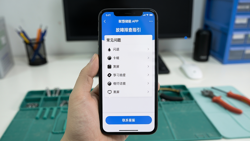 手机屏幕显示联塑储能APP的故障排查指引页面,包含常见问题列表(闪退、卡顿、黑屏等),下方有“联系客服”按钮,背景为简洁的工作台场景,画面清晰,无多余元素