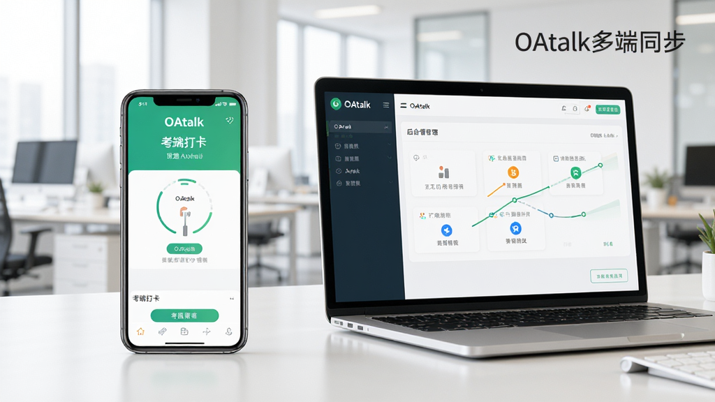 展示OAtalk在手机和电脑上同步使用的场景,主体为一部智能手机和一台笔记本电脑并排摆放,手机屏幕显示OAtalk考勤打卡界面,电脑屏幕显示OAtalk后台管理界面,布局为一左一右,风格为现代简约,背景为明亮的办公室环境,细节包括界面上的文字和图标,画质高清,干净无多余元素,图片中文字标注“OAtalk多端同步”