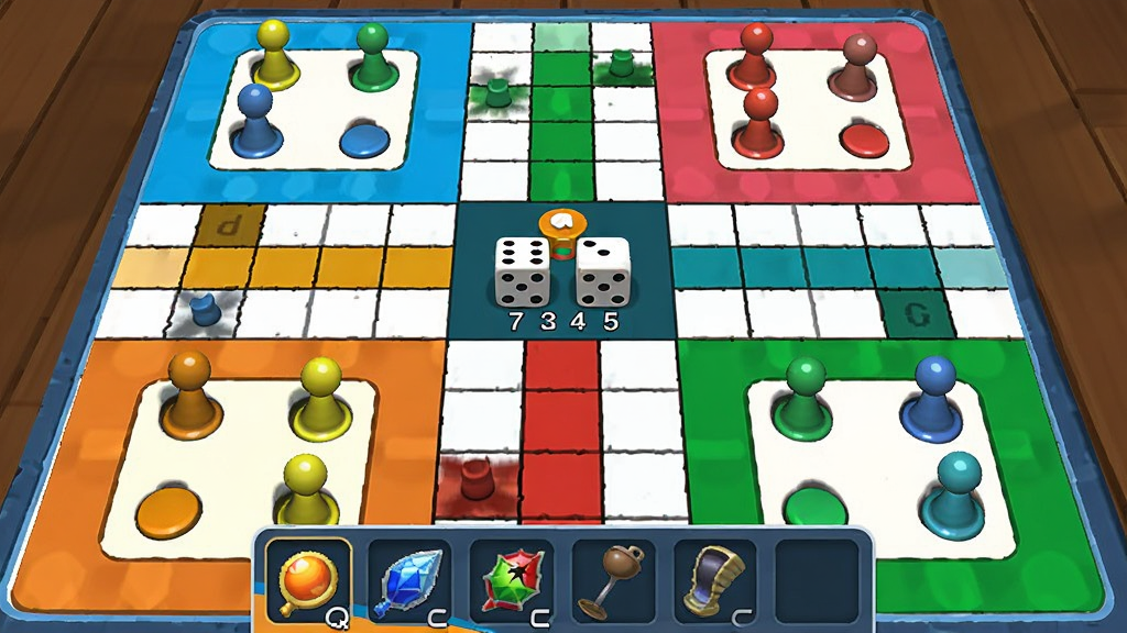 智慧飞行棋盘经典对战模式截图,画面中四名玩家的彩色棋子分布在棋盘上,中央区域显示当前玩家投掷的骰子点数,界面下方有道具栏,整体布局简洁明了,色彩鲜艳,画质清晰,干净无多余元素