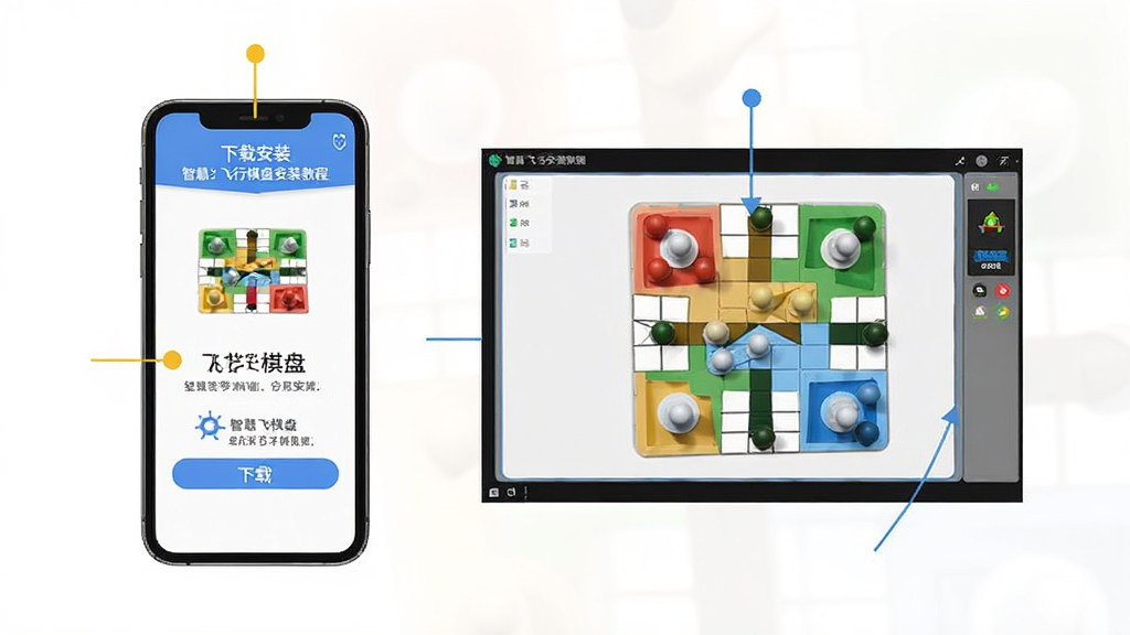 智慧飞行棋盘安装教程示意图,画面中展示手机屏幕上的下载安装步骤,旁边有模拟器界面截图,文字标注清晰,风格简洁,画质清晰,干净无多余元素