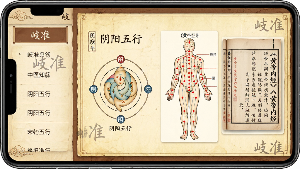 ���壺�׼APP����ҽ֪ʶ����棬��Ļ��չʾ���������С�ͼ�⡢����Ѩλͼ�͡��Ƶ��ھ�����ҳ�����֣����Ϊ�б�Ŀ¼���Ҳ�Ϊ����չʾ�����Ű棺��������ͼ�Ĳ�ï����񣺹ŷ������������ɫֽ��������������ɫ�߿�ϸ�ڣ���Ļ���С��׼��ˮӡ��Ѩλͼ�ú�ɫ��ǣ�����Ϊ���ŷ¹��Ű档���ʣ����壬�ɾ��޶���Ԫ�ء�