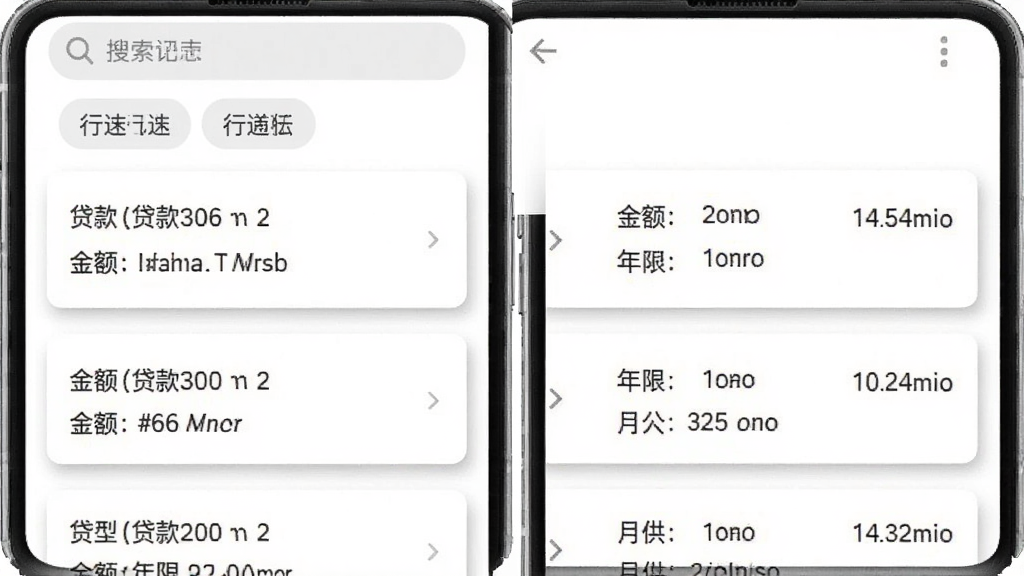 展示历史记录列表界面的手机截图,顶部有搜索栏和筛选标签,下方以卡片形式展示多条历史计算记录,每条记录包含贷款类型、金额、年限、月供等摘要信息,背景为白色,卡片有浅灰色阴影,布局简洁,细节清晰,无多余元素