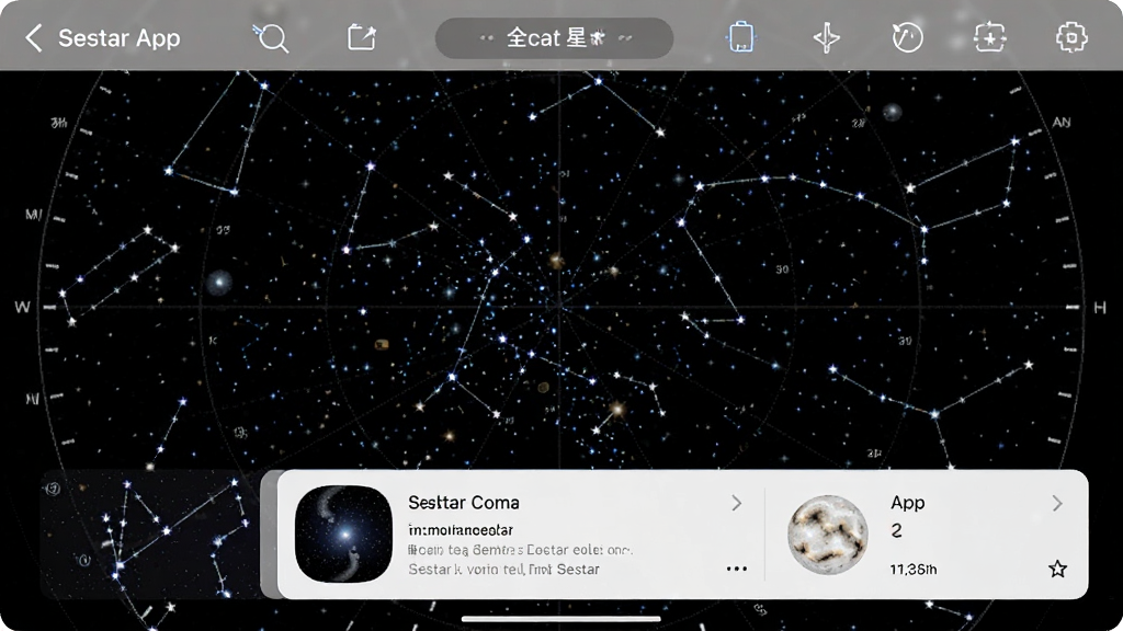 һ��չʾSeestar App����ȫ����ͼ����Ľ�ͼ����Ļ��ʾ�ܼ����ǵ����������ߣ��ײ���������Ϣ��Ƭ������Ϊ�����ͼ���У����Ϊ���UI��ƣ����ʸ��壬�ɾ��޶���Ԫ��
