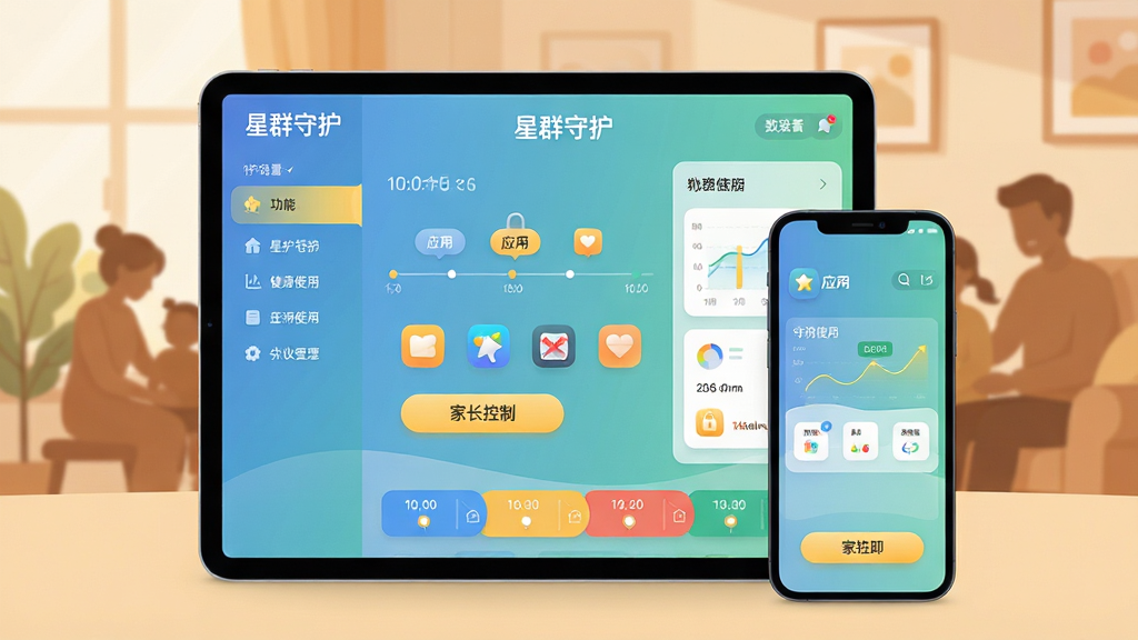 主体:星群守护软件界面展示,屏幕中清晰显示“星群守护”品牌名,界面布局包含时间轴、应用图标、家长控制按钮;布局:居中构图,主视觉为平板与手机并排,屏幕映射出健康使用图表;排版:采用左右分栏,左侧功能菜单,右侧数据看板,底部有彩色时间表;风格:现代扁平化设计,柔和蓝绿渐变主色调,点缀暖黄色高亮;细节:界面图标圆润,字体清晰,背景有家庭温馨场景剪影,画质:4K高清,干净,无多余元素。