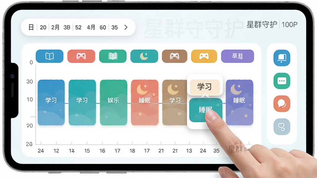 主体:星群守护时间表设置界面,展示一周七天不同的颜色块代表不同管控策略;布局:上方为日期选择器,下方为24小时时间轴,右侧有应用分类图标;排版:时间轴横向排列,每个时段用色块区分,旁标注“学习”“娱乐”“睡眠”等文字;风格:清新简约,白底蓝绿色块,圆角卡片设计;细节:家长手指正拖动时间块调整权限,屏幕上有“星群守护”水印;画质:1080P,干净,无多余元素。